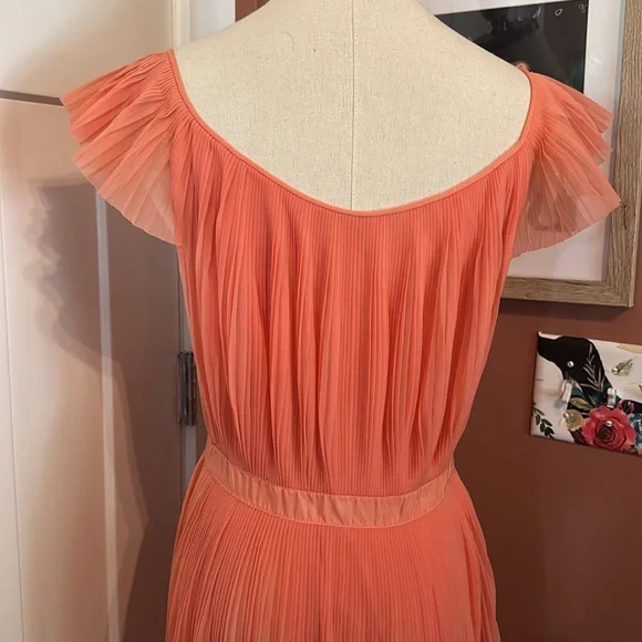 Vtg Vanity Fair coral pleats waist tie S Off-Shoulder flutter sleeve nightgown - Picture 8 of 16
